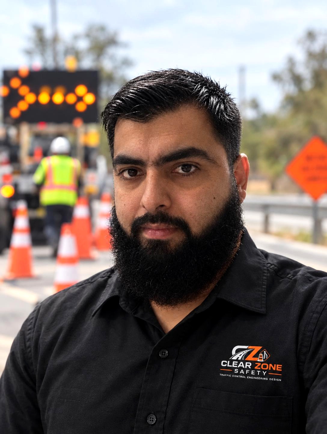 Abrar Ahmed, President of Clear Zone Safety, at a California work zone